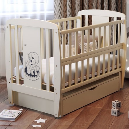 Дитяче ліжко Собачка слонова кістка з закритою шухлядою, вставками МДФ і гарним малюнком